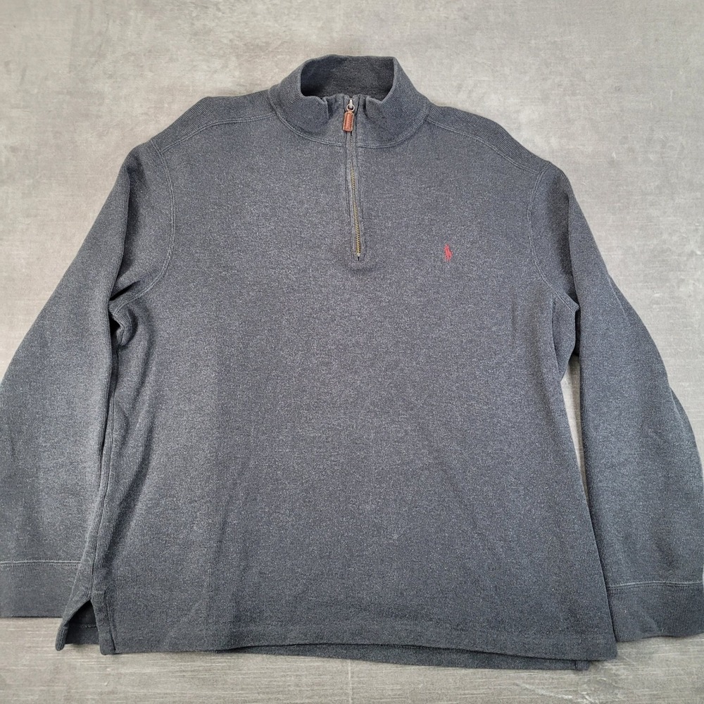 Polo Ralph Lauren Mens Large Grey 100% Cotton 1/4 Zip Pullover Sweater Red Pony